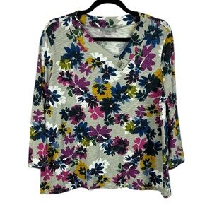 Habitat Floral Asymmetrical Neckline Cotton Long Sleeve Top Medium Grey Casual